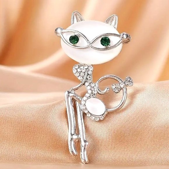 Brooch Cat w/ Glasses Opal Rhinestone Pin Stylish Kitty Green Eyes Diva Glamour - Picture 1 of 3
